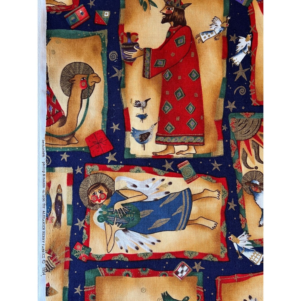 Fabric RARE VTG 90s Alexander Henry BETHLEHEM Folk Art Nativity Scenes 56" x 43"